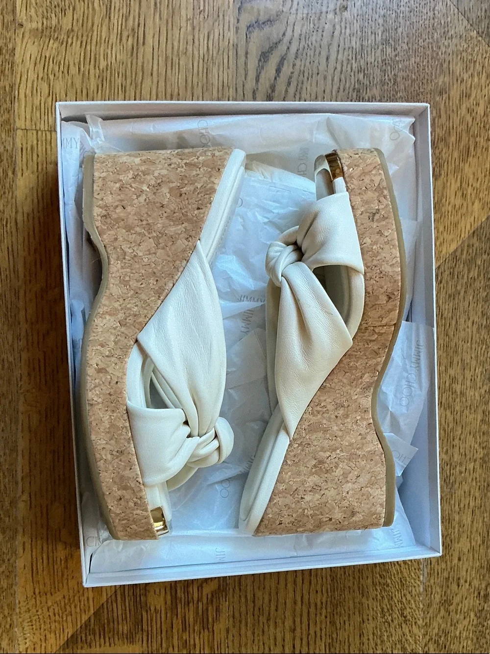 NWT Jimmy Choo Latte Knot Cork Platform Sandals with Gold Accent